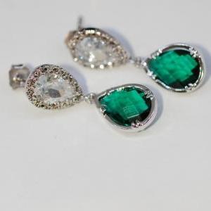Cubic Zirconia Teardrop Earring With Emerald Green..