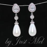 Wedding Earrings, Bridesmaid Earrings, Bridal Jewelry - Cubic Zirconia (cz) Teardrop Earring with Round CZ and White Briolette Pearl (E294)