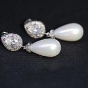 Wedding Earrings, Bridesmaid Earrings, Cubic Zirconia Teardrop Earring with White Briolette Pearl (E292)