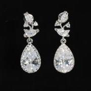 Cubic Zirconia Leaves and Branches Earring with Teardrop - Wedding Earrings, Bridesmaid Earrings, Bridal Jewelry (E315)