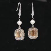Swarovski Ivory Pearl, Swarovski Golden Shadow Octagon Crystal Earring - Wedding Earrings, Bride Earrings, Bridal Jewelry (E457)