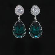 Cubic Zirconia Round Earring with Swarovski Emerald Green Teardrop Crystal - Wedding Earrings, Bridesmaid Earrings, Bridal Jewelry (E605)
