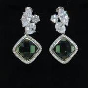 Wedding Jewelry, Bridal Earrings, Bridesmaid Gift - Cubic Zirconia Earring with Emerald Green Fancy Glass (E533)