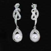 Cubic Zirconia Detailed Knot Earring with White Pearl on Cubic Zirconia Detailed Teardrop - Wedding Jewelry, Bridal Earrings (E308)