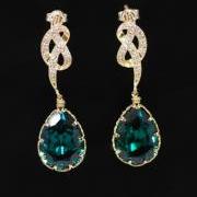 Emerald Green Earrings, Gold Plated Cubic Zirconia Detailed Knot Earring - Wedding Earrings, Bridesmaid Earrings, Bridal Jewelry (E281)