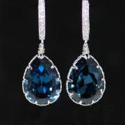 Wedding Earrings, Bridesmaid Earrings, Cubic Zirconia Detailed Earring Hook with Swarovski Montana Blue Teardrop Crystal (E338)