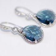 Wedding Earrings, Bridesmaid Earrings, Cubic Zirconia Detailed Earring Hook with Sapphire Blue Teardrop Glass Quartz (E319)