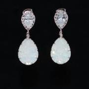 Wedding Earrings, Bridesmaid Earrings, Bridal Jewelry - Cubic Zirconia Teardrop Earring with Swarovski White Opal Teardrop Crystal (E623)