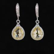 White Gold Plated Sterling Silver Cubic Zirconia Detailed Earring Hook with Jonquil Teardrop Glass Quartz (E349)
