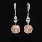 Cubic Zirconia Detailed Earring Hook with Swarovski Clear Navette and Light Peach Cushion Cut - Wedding Jewelry, Bridal Earrings (E642)