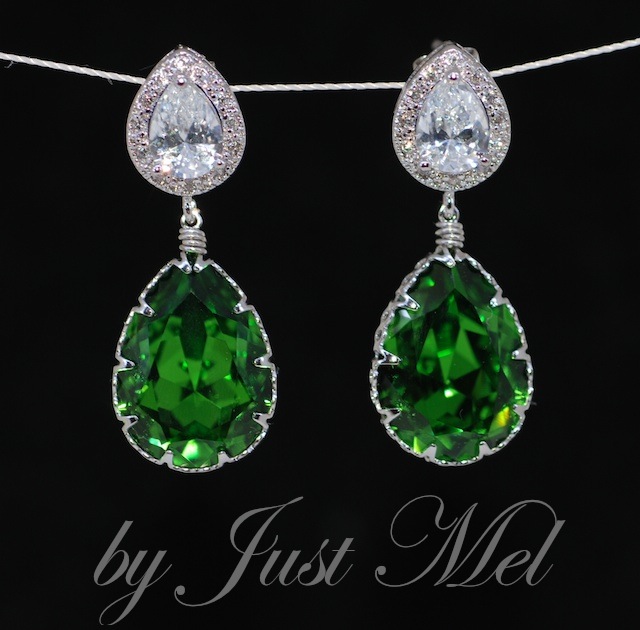 Wedding Earrings, Bridesmaid Earrings, Moh Gift - Cubic Zirconia Teardrop Earring With Swarovski Fern Green Teardrop Crystal (e363)