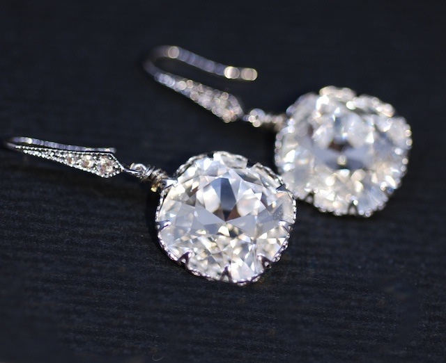 Wedding Earrings, Bridesmaid Earrings, Swarovski Square Cushion Cut Clear Crystal With Cubic Zirconia Detailed Earring (e302)