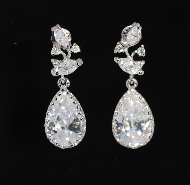 Cubic Zirconia Leaves And Branches Earring With Teardrop - Wedding ...