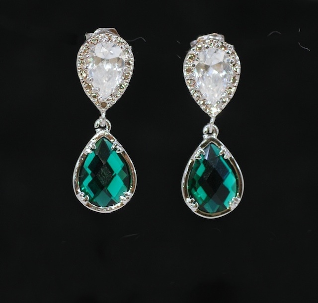 Cubic Zirconia Teardrop Earring With Emerald Green Fancy Glass (small) - Wedding Earrings, Bridesmaid Earrings, Bridal Jewelry (e491)
