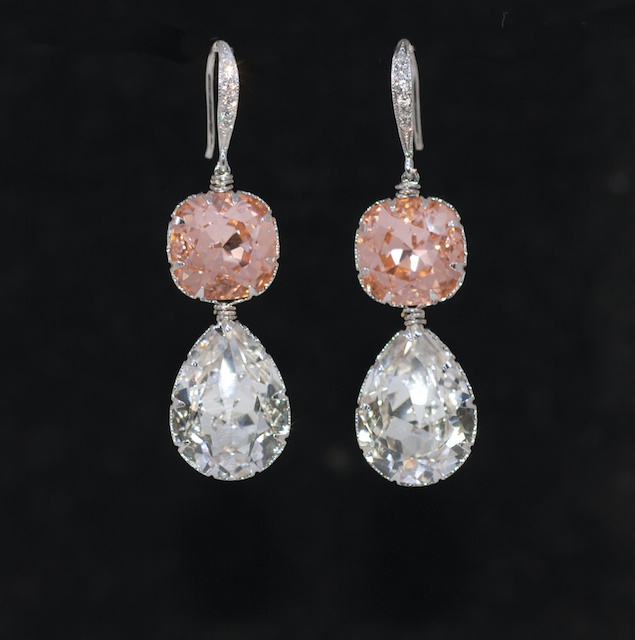 Wedding Earrings, Bridesmaid Earrings, Swarovski Square Cushion Cut Light Peach, Clear Teardrop Crystal With Cubic Zirconia Detailed Sterling