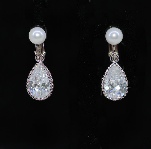 Wedding Earrings, Bridesmaid Earrings - White Pearl Screw Back Clip On Earring With Cubic Zirconia (cz) Teardrop (e610)