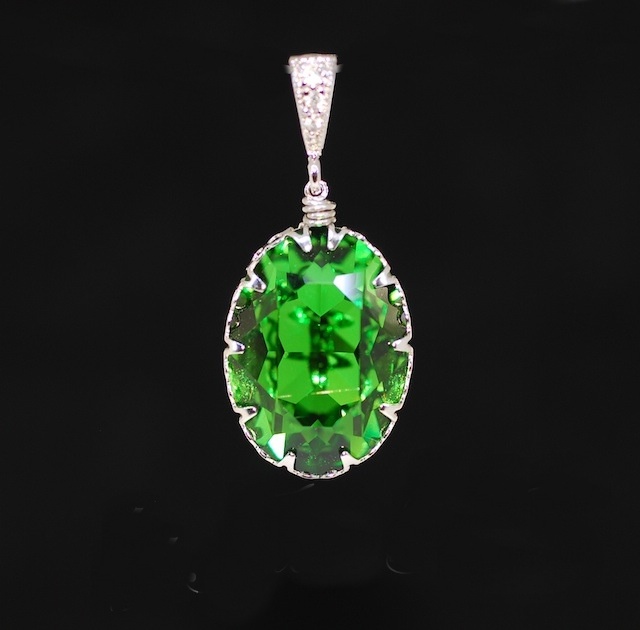 Cubic Zirconia Detailed Pendant With Swarovski Fern Green Oval Crystal - Wedding Jewelry, Bridal Pendant, Bridesmaid Moh Gift (p041)