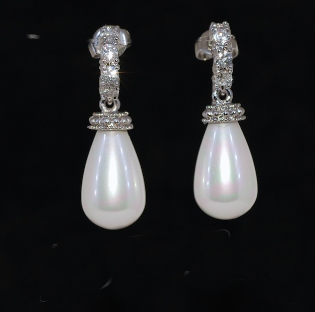 Wedding Earrings, Bridesmaid Earrings, Bridal Jewelry - Cubic Zirconia C Shape Earring With Shell Based White Briolette Pearl (e394)