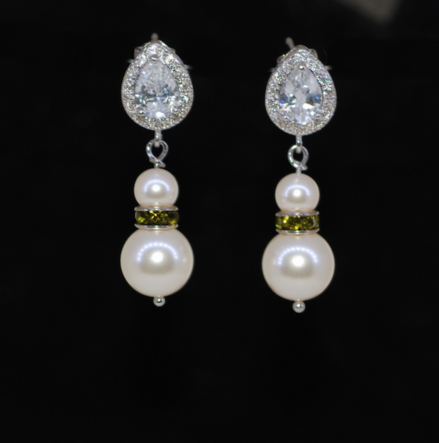 Wedding Earrings, Bridesmaid Earrings, Bridal Jewelry - Cubic Zirconia (cz) Teardrop Earring, Olivine Rondelle, Swarovski Cream Pearl (e596)