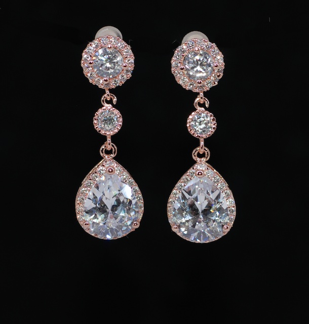 Rose Gold Plated Cubic Zirconia Round Earring, Small Round Cz And Cz Teardrop - Wedding Earrings, Bridesmaid Earrings, Bridal Jewelry (e598)