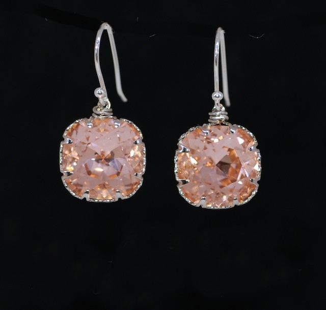 Swarovski Square Light Peach Crystal With Sterling Silver Earring Swarovski Square Light Peach Crystal With Sterling Silver Earring Hook Wedding Earrings Bridesmaid Bridal Jewelry E508
