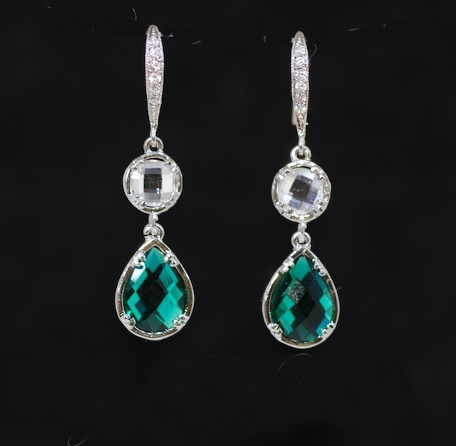 Cubic Zirconia Detailed Earring Hook, Round Clear, Emerald Green Teardrop Glass Quartz Earring - Wedding Earrings, Bridesmaid Earrings (e492)