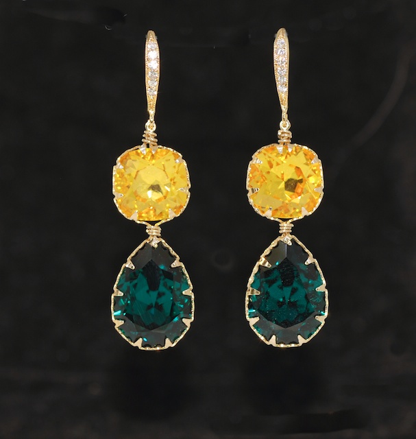 Wedding Earrings, Bridesmaid Earrings, Swarovski Square Cushion Cut Light Topaz, Emerald Green Teardrop Crystal With Gold Plated Cz Detailed