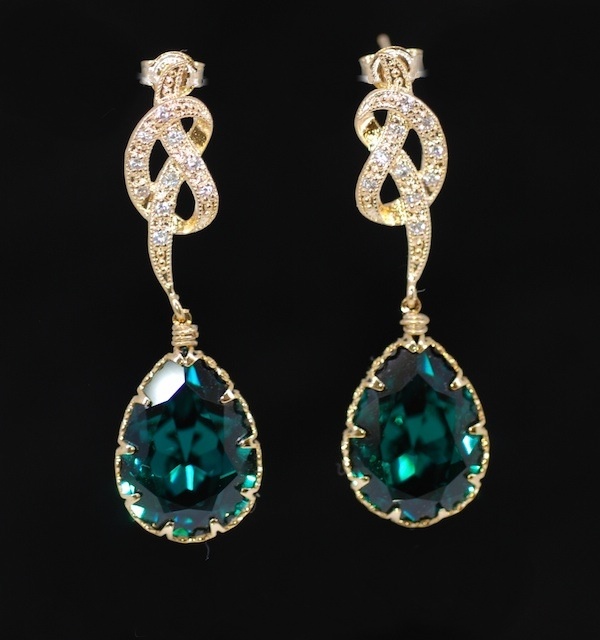Emerald Green Earrings Gold Plated Cubic Zirconia Detailed Knot Emerald Green Earrings Gold Plated Cubic Zirconia Detailed Knot Earring Wedding Bridesmaid Bridal Jewelry E281