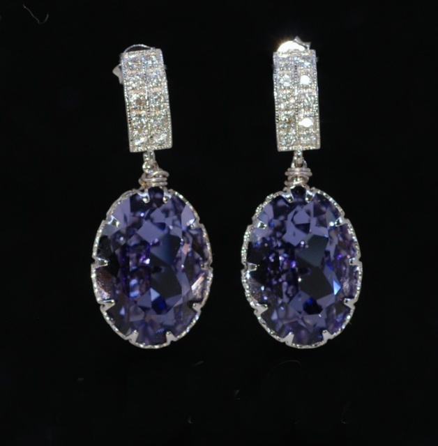 Wedding Earrings, Bridesmaid Earrings, Bridal Jewelry - Cubic Zirconia Detailed Earring And Swarovski Oval Tanzanite (purple) Crystal (e254)