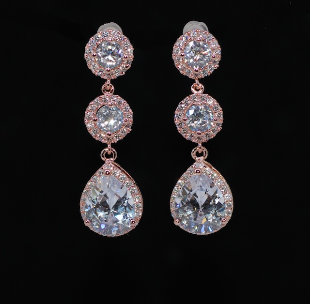 Wedding Earrings, Bridesmaid Earrings, Bridal Jewelry - Rose Gold Plated Cz Round Earring, Small Micropave Round Cz And Cz Teardrop (e599)