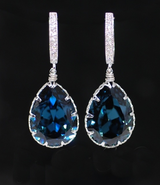 Wedding Earrings, Bridesmaid Earrings, Cubic Zirconia Detailed Earring Hook With Swarovski Montana Blue Teardrop Crystal (e338)