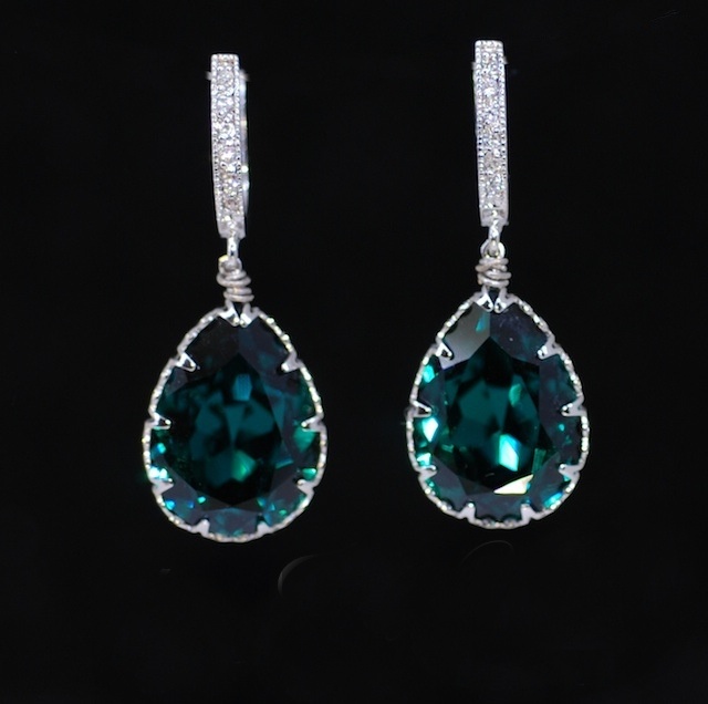 Wedding Earrings Bridesmaid Cubic Zirconia Detailed Wedding Earrings Bridesmaid Cubic Zirconia Detailed Earring Hook With Swarovski Emerald Green Teardrop Crystal E337