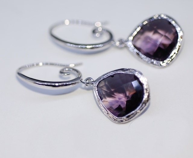 Wedding Earrings, Bridesmaid Earrings, Bridal Jewelry - White Gold Plated Sterling Silver Earring Hook With Amethyst Glass Quartz (e332)