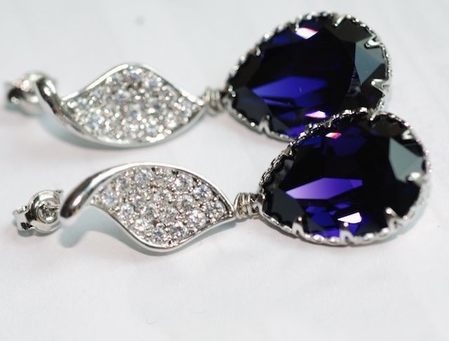 Cubic Zirconia Twisted Leaf Earrings With Swarovski Purple Velvet Teardrop - Wedding Earrings, Bridesmaid Earrings, Bridal Jewelry (e252)