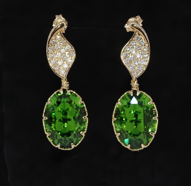 Gold Plated Cubic Zirconia Detailed Twisted Leaves Earring With Swarovski Fern Green Oval Crystal - Wedding Jewelry, Bridal Earrings (e420)