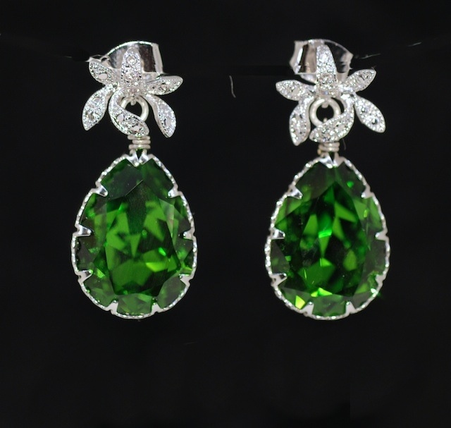 Cubic Zirconia Detailed Orchid Earring With Swarovski Fern Green Teardrop - Wedding Jewelry, Bride Earrings, Bridesmaid Moh Gift (e452)