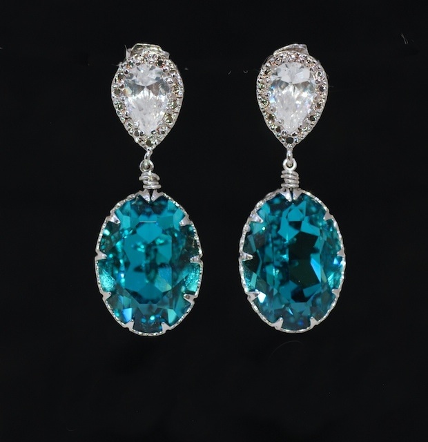 Cubic Zirconia Teardrop And Swarovski Oval Indicolite Blue Green Cubic Zirconia Teardrop And Swarovski Oval Indicolite Blue Green Crystal Earrings E463