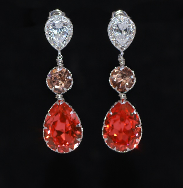 Cubic Zirconia Teardrop Earring With Swarovski Light Peach Round, Padparadscha Teardrop Crystals - Wedding Jewelry, Bridal Earrings (e633)