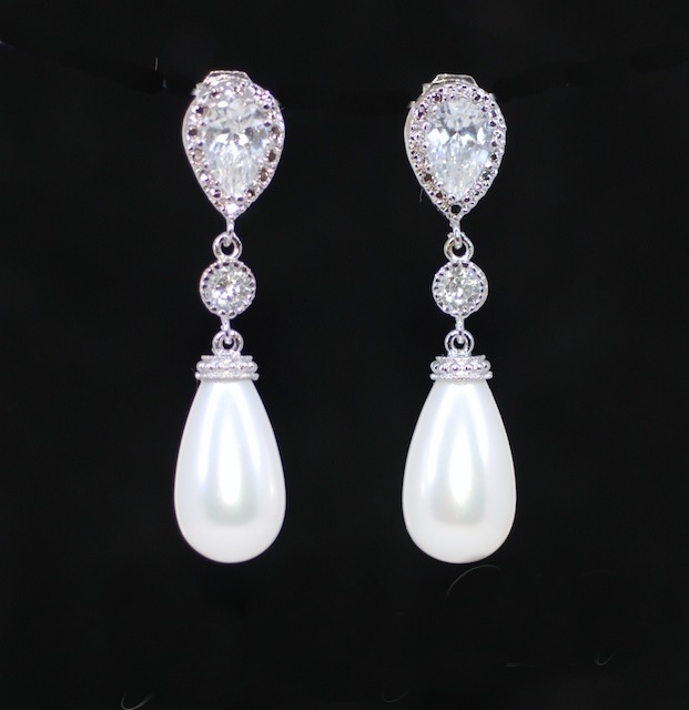 Wedding Earrings, Bridesmaid Earrings, Bridal Jewelry - Cubic Zirconia (cz) Teardrop Earring With Round Cz And White Briolette Pearl (e459)