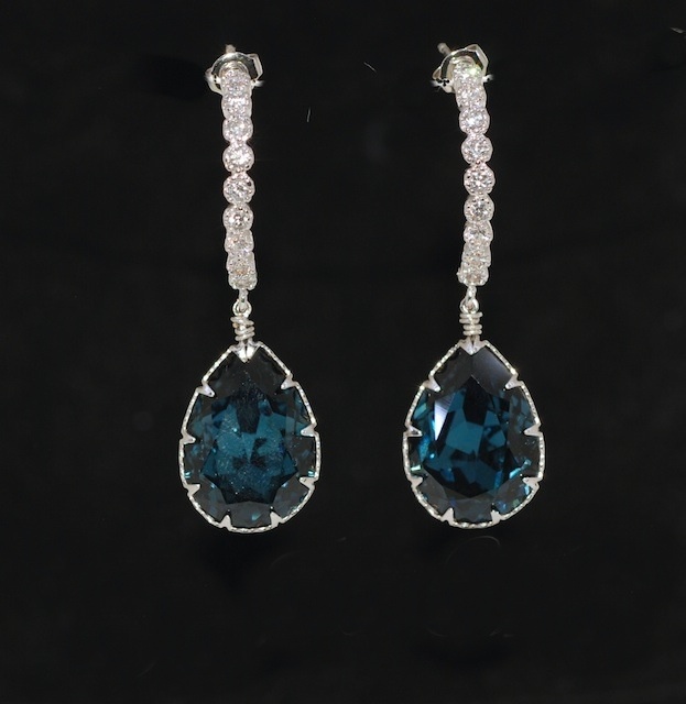 Cubic Zirconia Detailed C Shape Earring With Swarovski Montana Blue Cubic Zirconia Detailed C Shape Earring With Swarovski Montana Blue Teardrop Crystal Wedding Jewelry Bridal Earrings E461