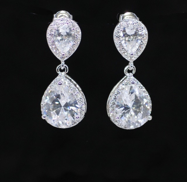 Wedding Earrings, Bridesmaid Earrings, Bridal Jewelry - Cubic Zirconia Teardrop Earring With Cubic Zirconia Teardrop (e545)