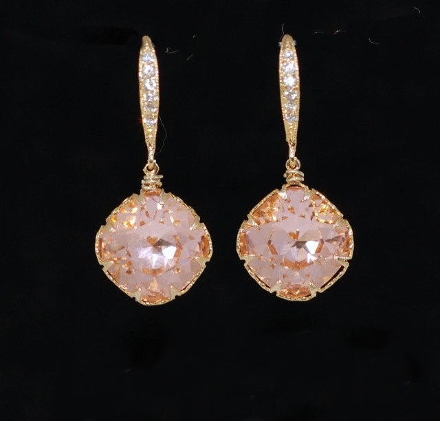 Wedding Earrings, Bridesmaid Earrings - Swarovski Square Light Peach Crystal With Gold Plated Cubic Zirconia Detailed Earring Hook (e546)