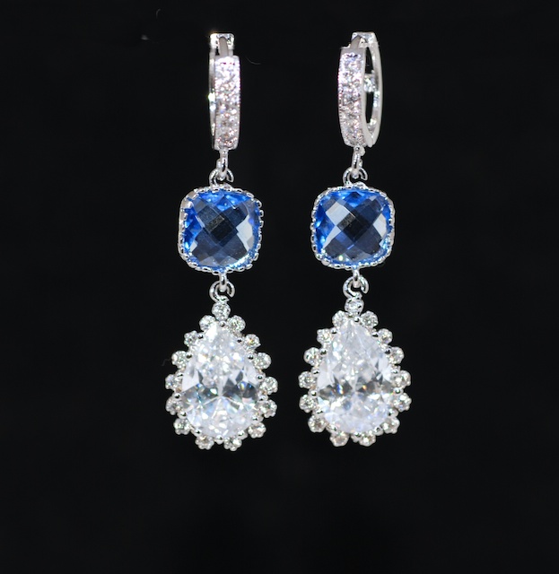 Light Sapphire Blue Glass Quartz Earrings With Teardrop - Wedding Earrings, Bridesmaid Earrings, Bridal Jewelry, Brides Earrings (e636)