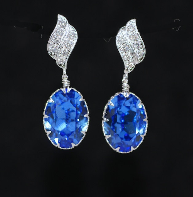 Cubic Zirconia Earrings, Swarovski Sapphire Oval Earrings - Wedding Earrings, Bridesmaid Earrings, Bridal Jewelry (e425)