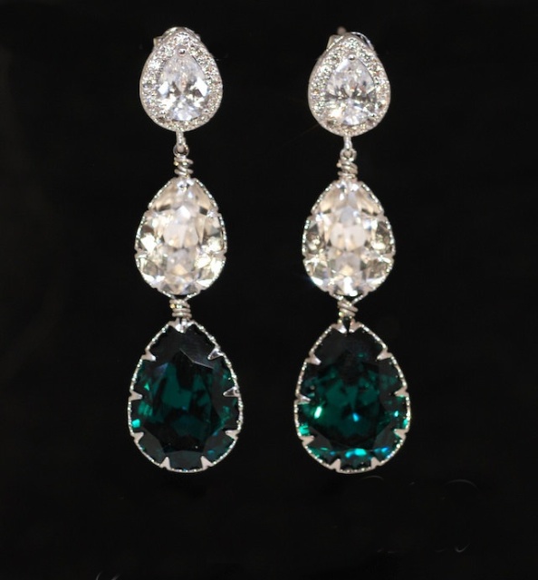 Cubic Zirconia Teardrop Earring With Swarovski Clear Teardrop And Emerald Green Teardrop Crystals - Wedding Jewelry, Bridal Earrings (e556)
