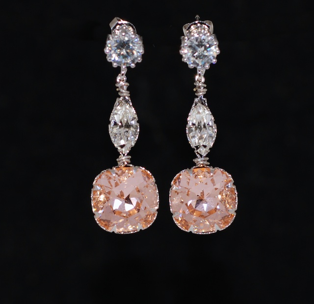 Round Cubic Zirconia Earrings With Swarovski Clear Navette And Light Peach Cushion Cut - Wedding Jewelry, Bridal Earrings (e645)
