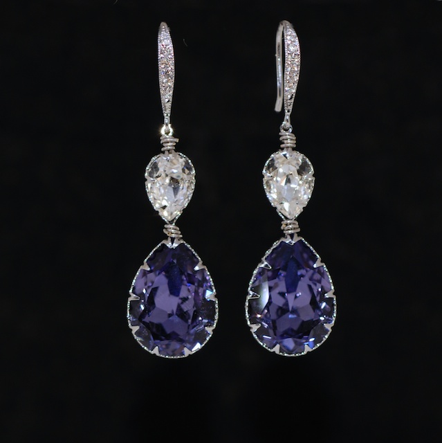 Cubic Zirconia Detailed Earring Hook With Swarovski Clear Tanzanite Cubic Zirconia Detailed Earring Hook With Swarovski Clear Tanzanite Purple Teardrop Crystals Wedding Jewelry Bridal Earrings E650