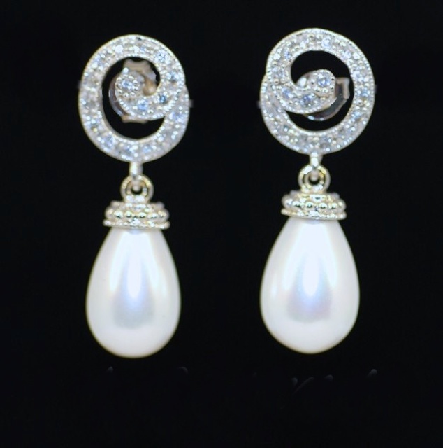 Wedding Earrings, Bridesmaid Earrings, Bridal Jewelry - Cubic Zirconia Detailed Swirl Earring With White Briolette Pearl (e192)
