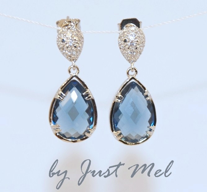 Sapphire Blue Teardrop Fancy Glass Earrings - Wedding Earrings, Bridesmaid Earrings, Bridal Jewelry (e103)