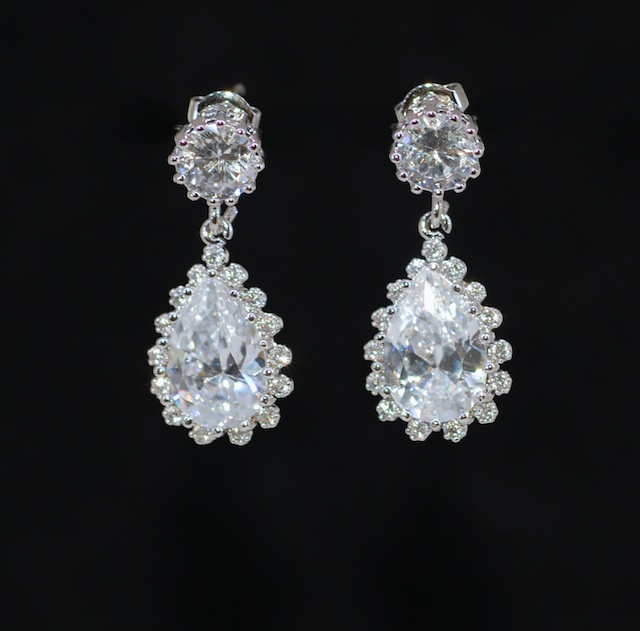 Wedding Earrings, Bridesmaid Earrings, Bridal Jewelry - Cubic Zirconia Round With Teardrop (e674)